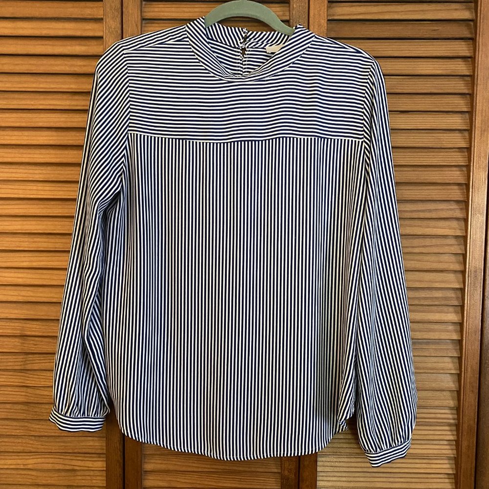 Loft Women's Long Sleeve Blue and White Striped Shirt with Button Detail Medium